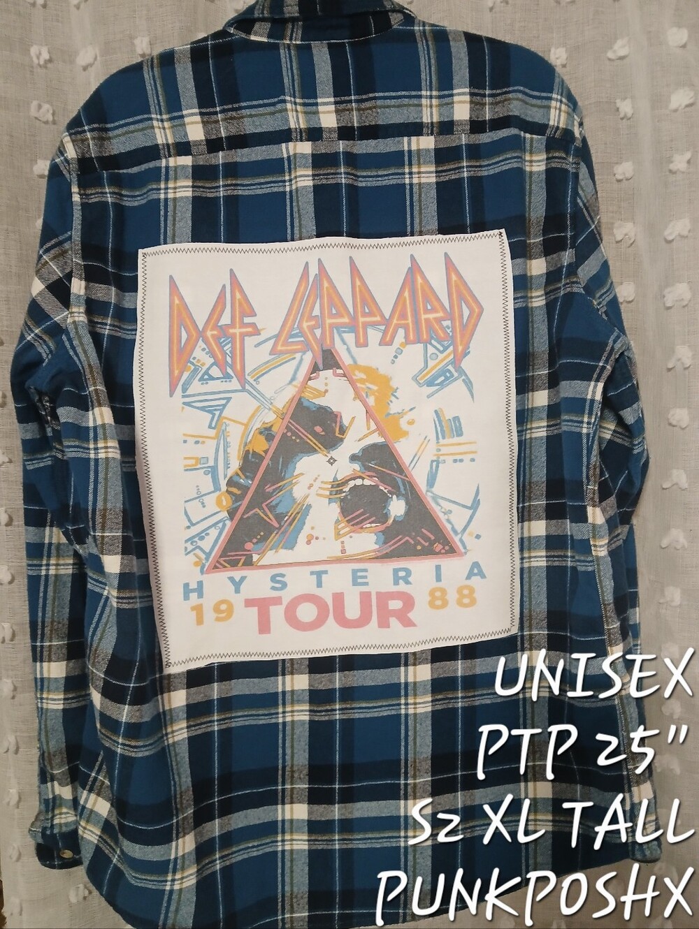 UPCYCLED DEF LEPPARD GRAPHIC BAND TEE ON  SONOMA FLANNEL SZ XL TALL PTP 25"